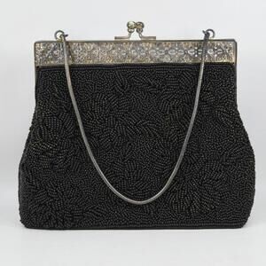 Vtg Black Beaded Purse Evening Bag Silver Tone Filigree Frame Rhinestone Clasp
